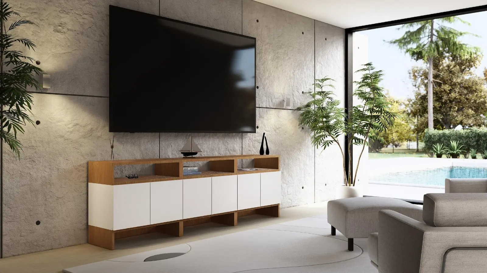 A Briddhi sideboard under a wall-mounted TV in a living room