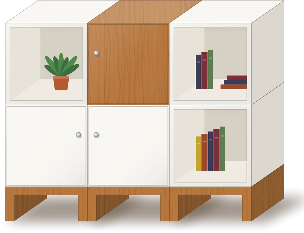 Four Briddhi cubes on a wooden base, with doors, open shelves and one teak cube
